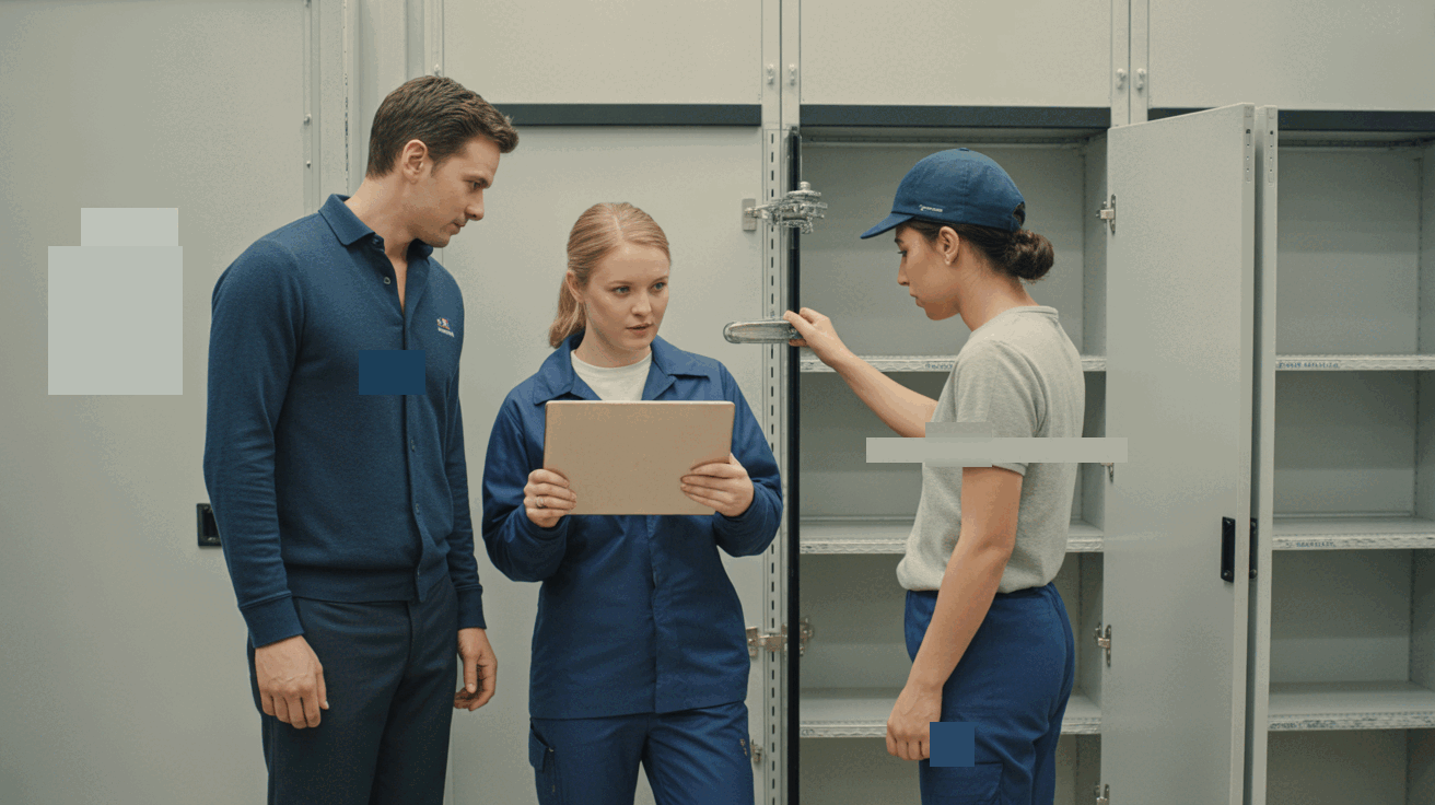 A small facilities team reviewing a maintenance issue on a tablet in a modern shared workspace