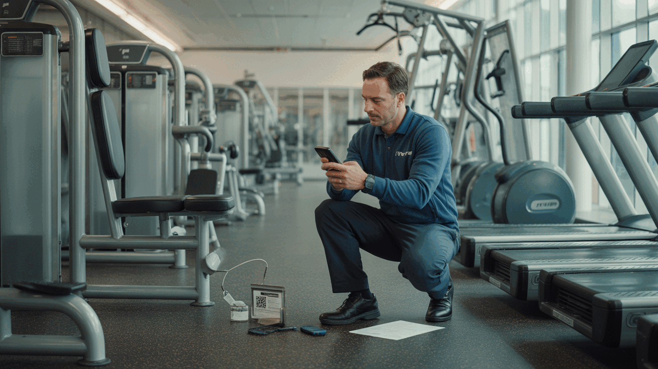 A gym manager reviewing a reported equipment fault on a phone beside modern fitness machines
