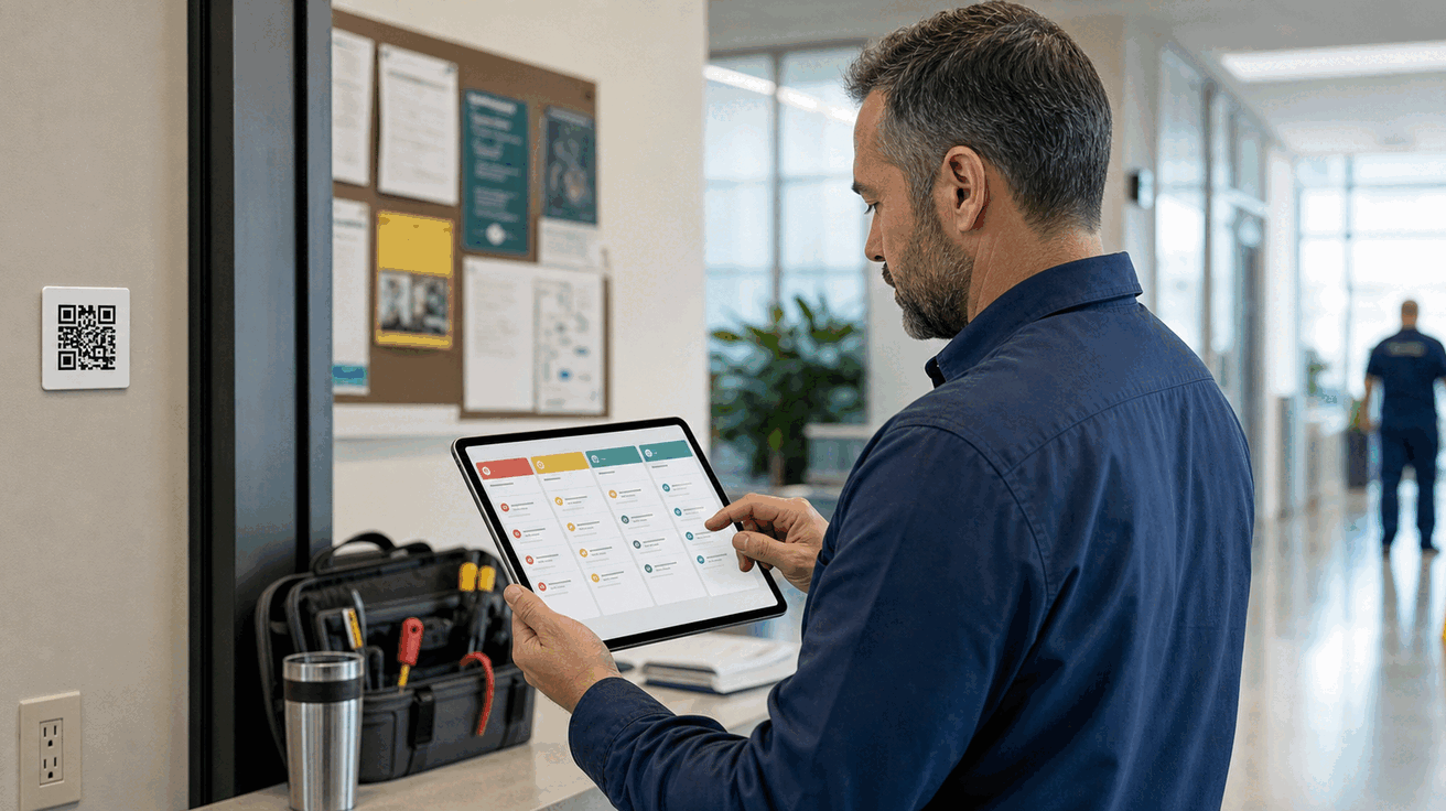 A facilities manager reviewing incoming maintenance reports on a tablet with clear triage lanes