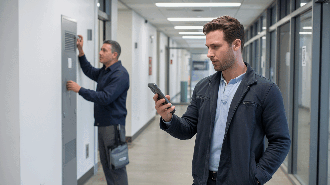A facilities manager reviewing a maintenance issue report on a phone in a clean commercial corridor