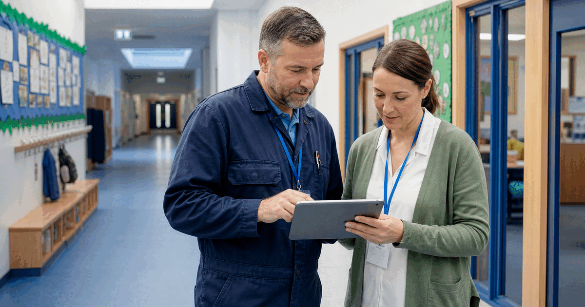 School site staff reviewing a maintenance issue on a tablet in a bright corridor